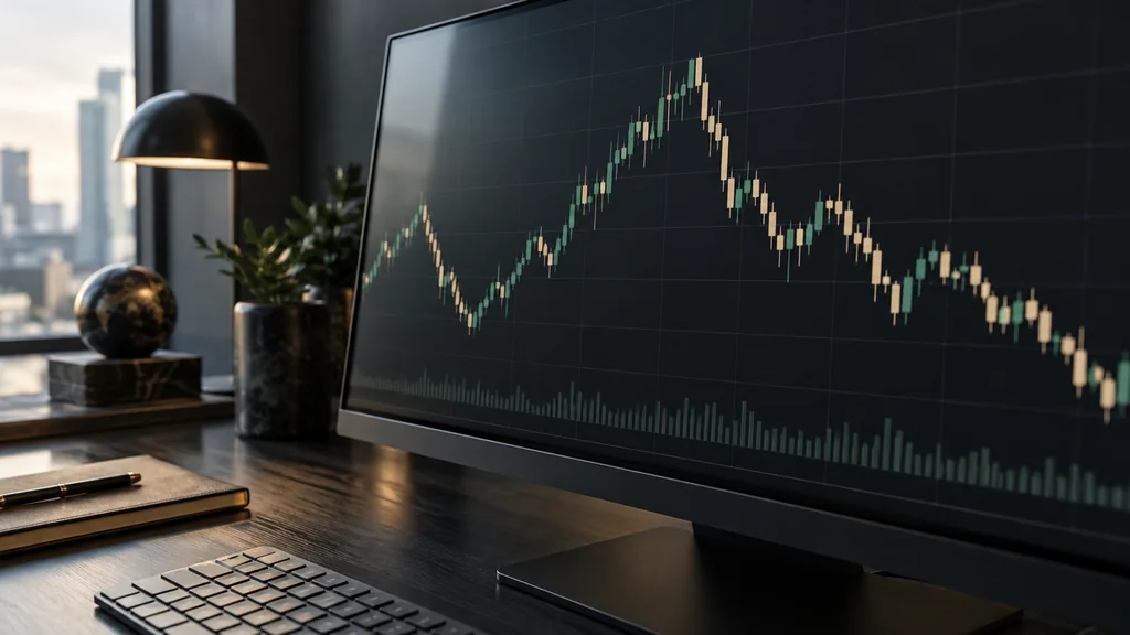 Concepto de un gráfico de mercado con subidas, retrocesos y caídas en un monitor de análisis.