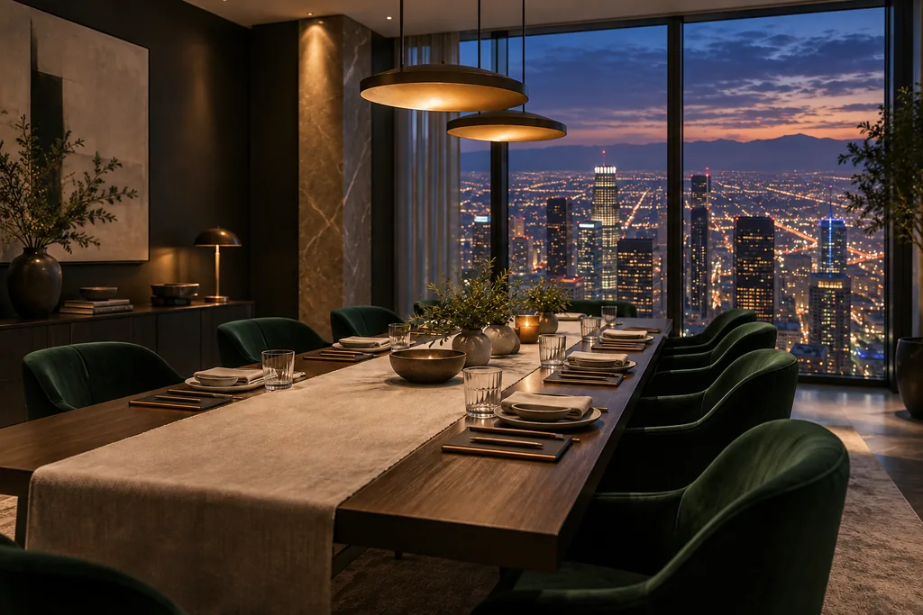 Concepto de un comedor privado con sillas esmeralda y una vista de Los Ángeles desde un piso muy alto al atardecer.